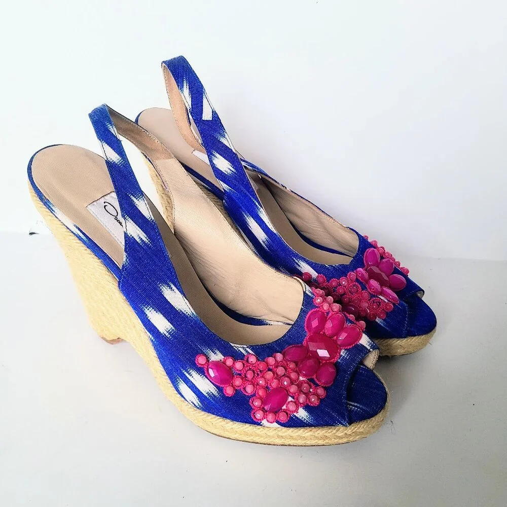 Oscar De La Renta Blue/White Print Slingback Espadrille Wedge Sandal Heels EU 40 - Picture 1 of 9